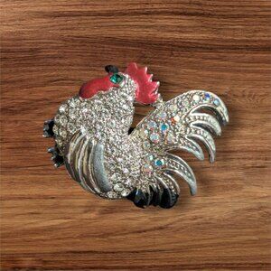 Vintage Gold Crown GC‎ Rooster Brooch Silver Tone Rhinestone Red Enamel